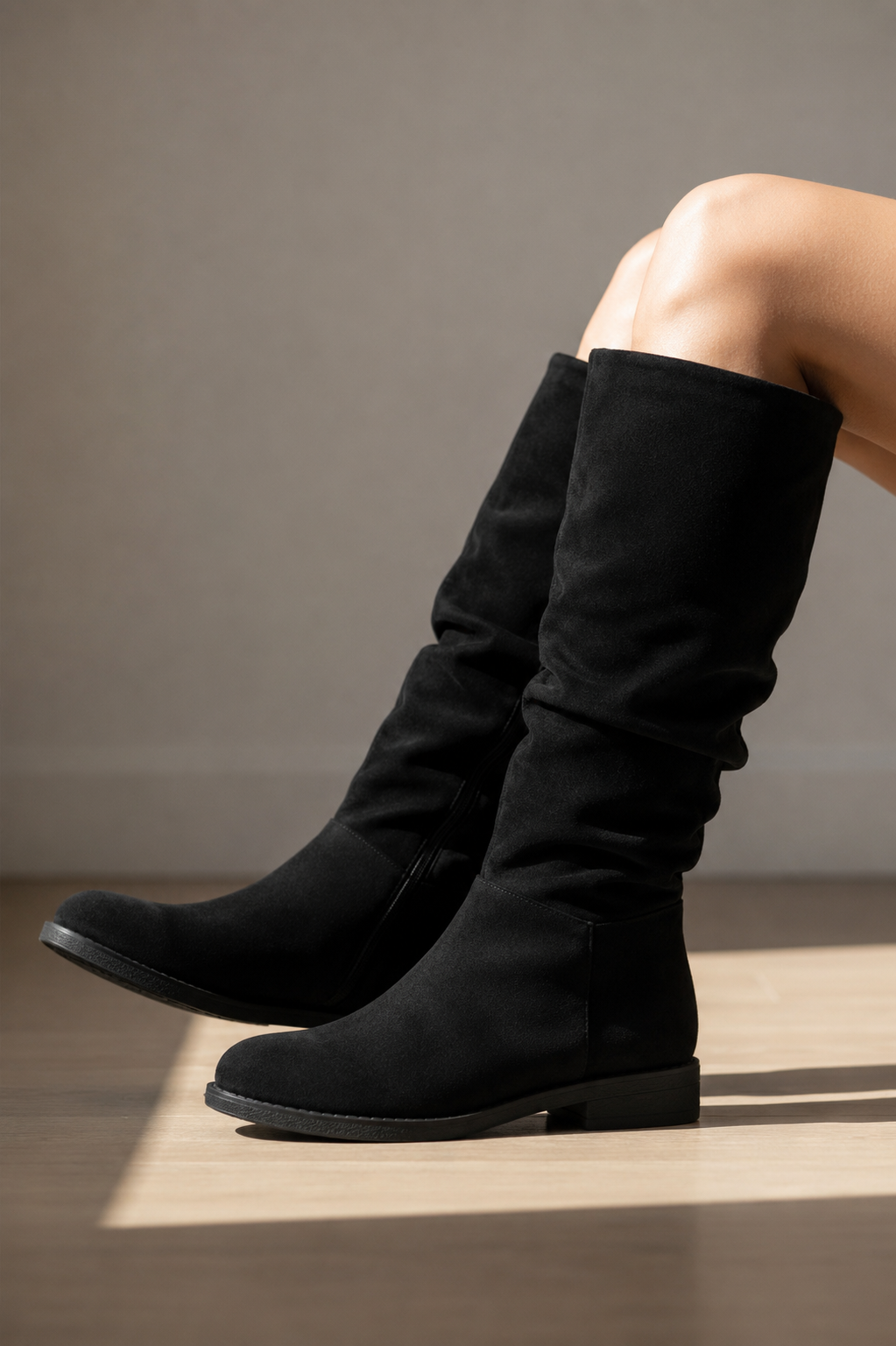 Bota Alta Efecto Ante con Tacón Bajo – Disponible en Varios Colores YY-52