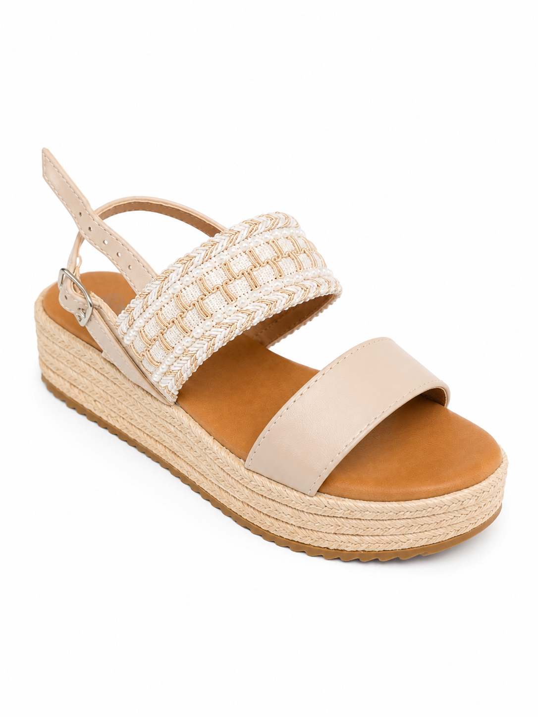 Sandalia de plataforma beige con detalles bordados y plantilla confort
