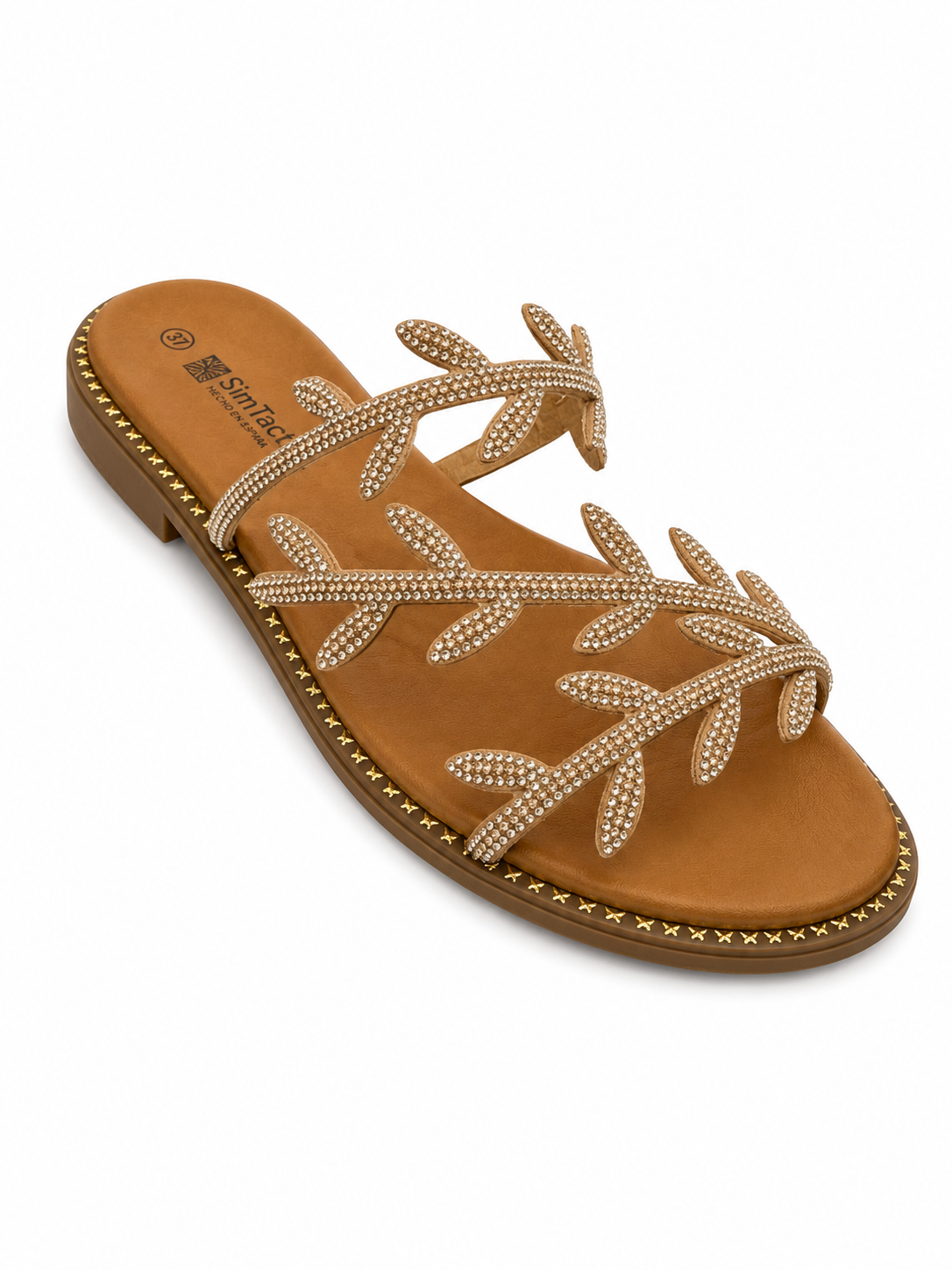 Sandalia plana beige con pedrería en diseño de hojas WS-5307