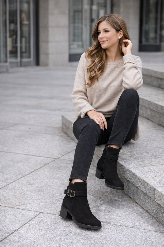 Botines Negros de Tacón Bajo con Hebilla – Elegantes y Cómodos
 3415