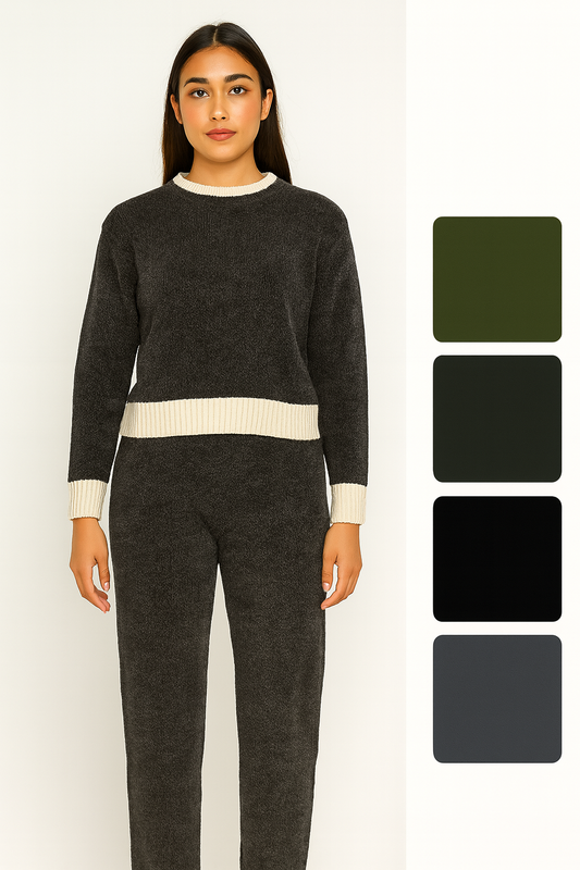 Conjunto de punto suave con pantalón y detalles en contraste ABC6-39