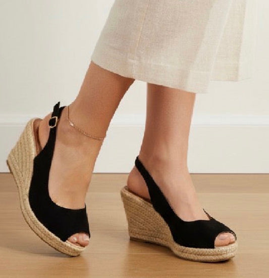 Sandalias Cuña Esparto Mujer Negras con Pulsera – Alpargatas Plataforma Verano Elegantes 6868-119