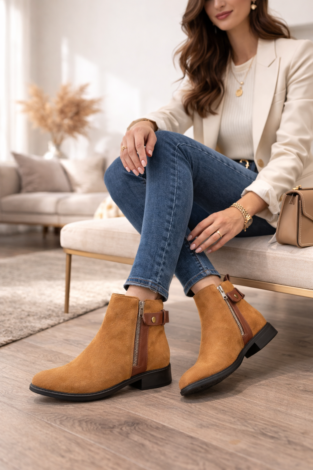 Botín Camel Serraje con Cremallera y Detalle de Hebilla – Tacón Bajo Casual Elegante R-23