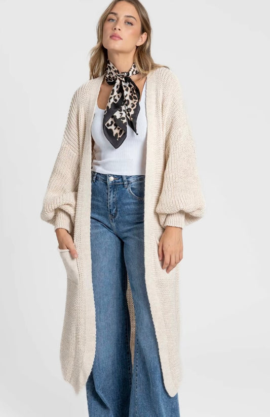 Cardigan largo de punto grueso teja  COD   2867 – con bolsillos y manga abullonada