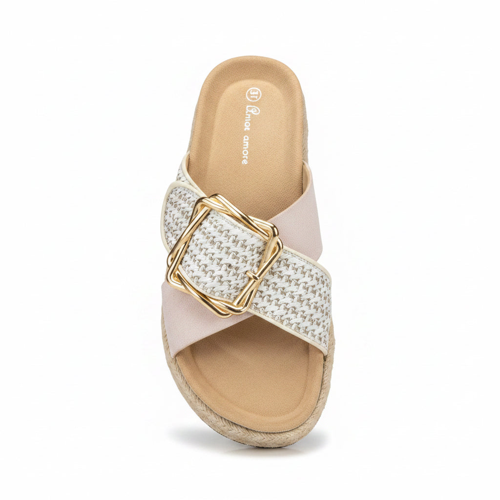 Sandalia Bio Beige con Hebilla Dorada y Plataforma de Esparto 1850