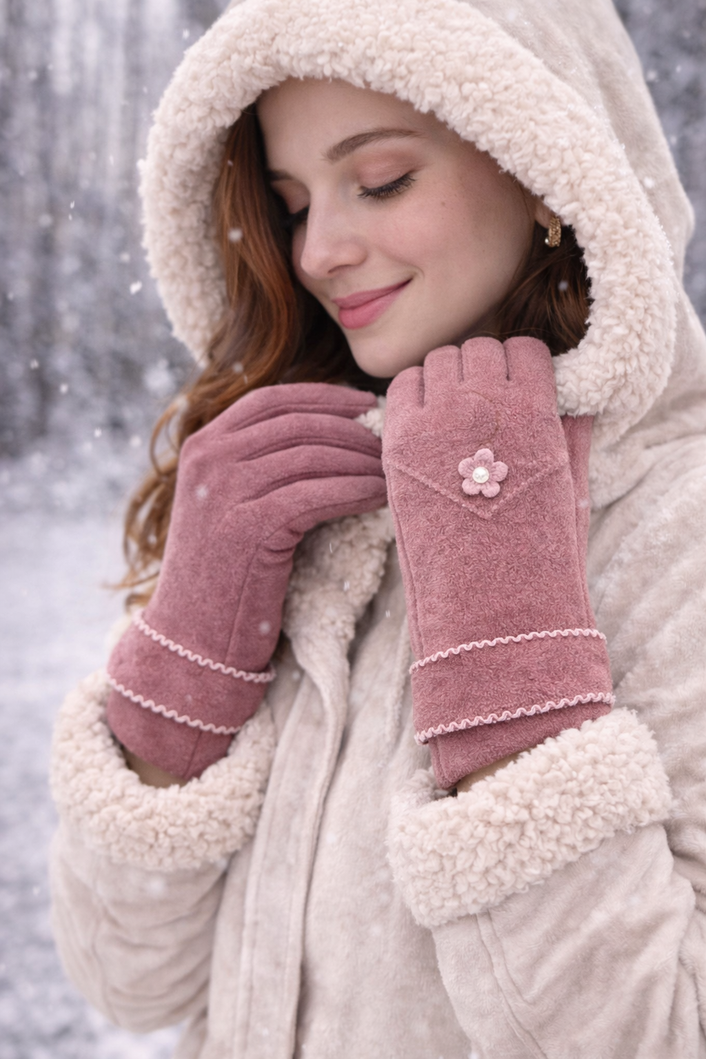 Guantes de Invierno Elegantes con Flor Decorativa – Suaves, Cálidos y Cómodos