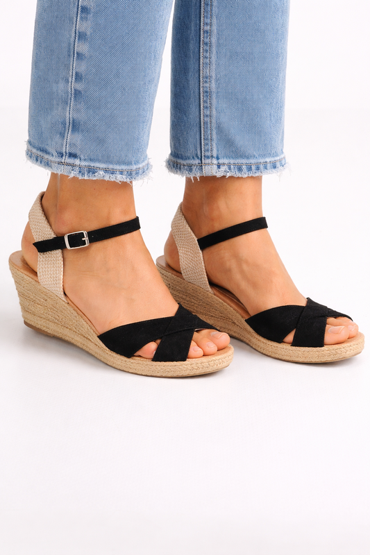 Sandalias Cuña Esparto Mujer Negras – Alpargatas Plataforma Verano Elegantes
 YJ-17