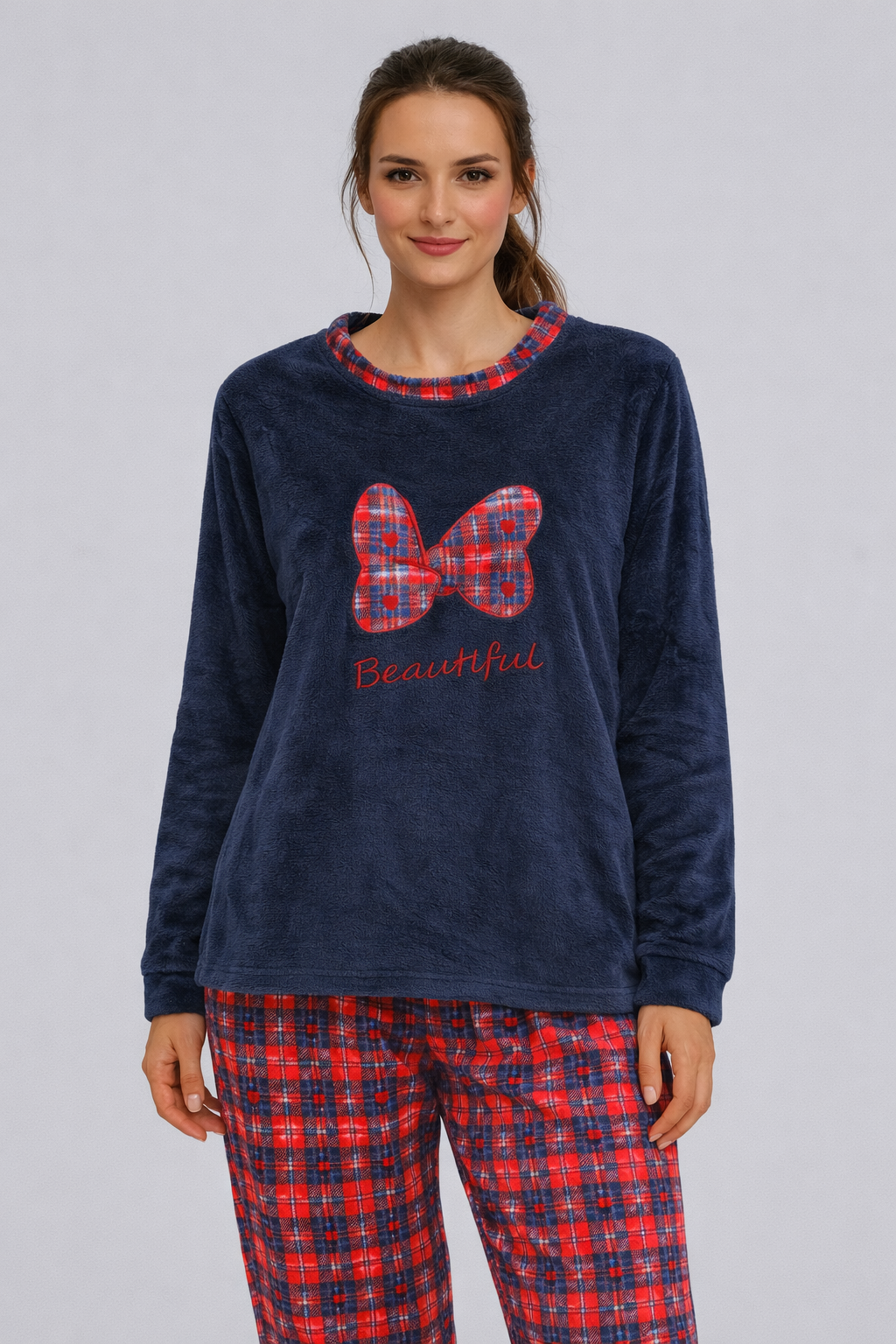 Pijama de Mujer Polar Azul Marino con Lazo – Conjunto de Invierno Suave y Calentito H1808