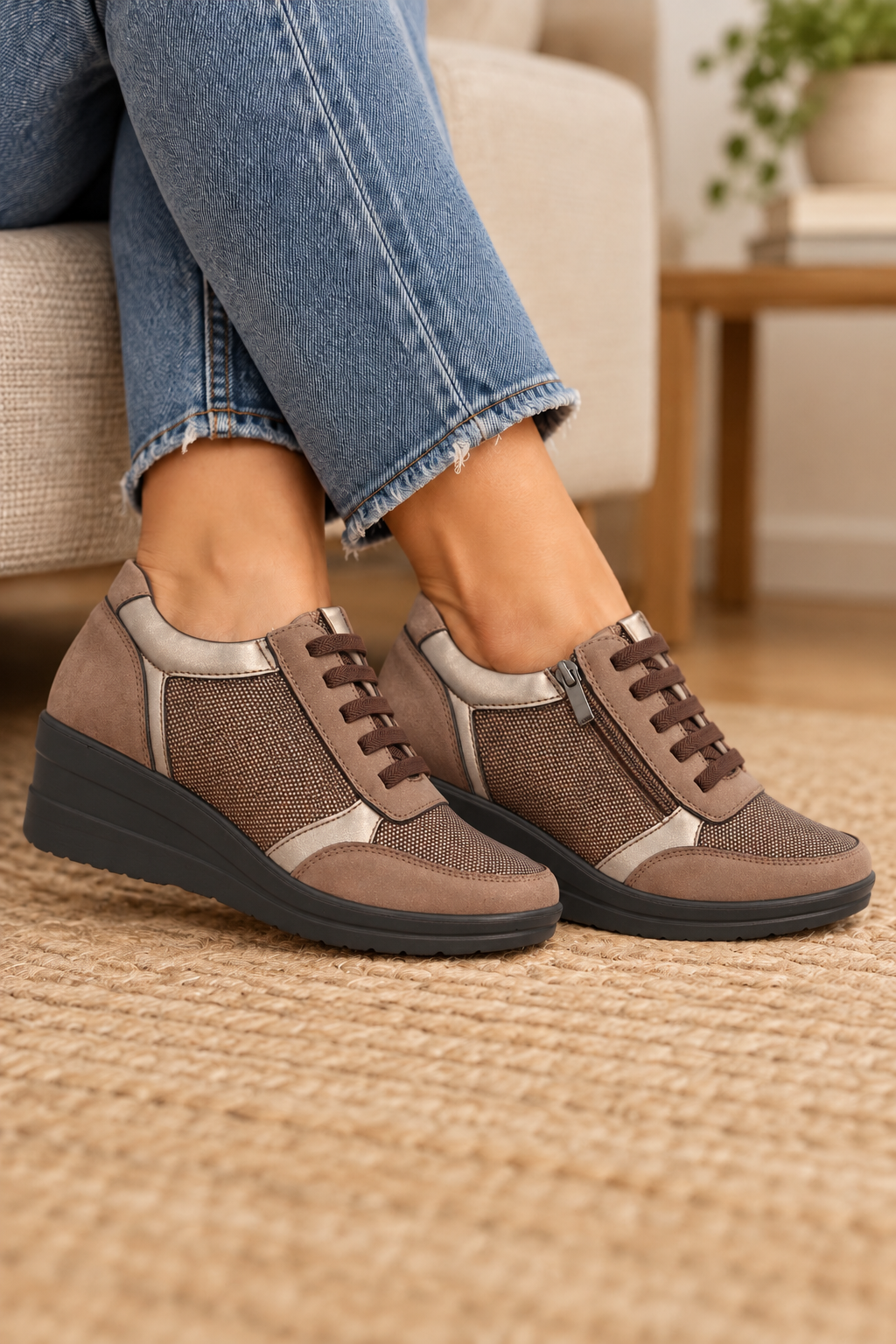 Deportiva de Mujer con Cuña, Cremallera y Detalles Metalizados – Marrón    M610