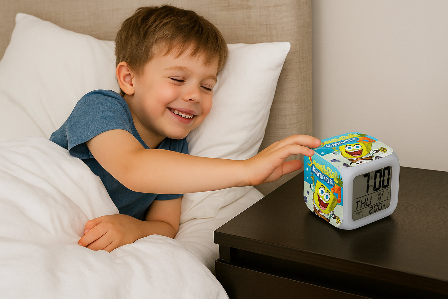 RELOJ DESPERTADOR CON ALARMA Y LUCES LED SPONJE BOB